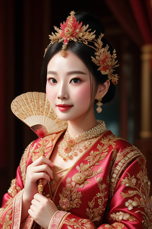 A photorealistic masterpiece depicting a stunning 18-year-old Chinese supermodel, adorned in a breathtaking ancient Chinese wedding ensemble. She wears an elaborate phoenix crown, intricately crafted with gold wire, jade beads, and multiple strings of pearls, featuring delicate phoenixes, gold leaves, and gems. Her attire includes a rich red and gold layered silk robe, embroidered with dragons and auspicious symbols, and wide flowing sleeves detailed with exquisite embroidery. The collar is inlaid with gems, and her black, silk-like hair is styled into a wedding bun, revealing her snow-white neck.

Her forehead is adorned with a meticulously painted red flower mother-of-pearl, featuring a small, intricate pattern of three flower braids or four small water chestnuts. Her dark, lustrous eyes are bright, with long, thick eyelashes that convey a hint of shyness. Her face is subtly pink, complemented by her fair skin and slightly curled lips, hinting at a gentle smile.

She holds a beautifully patterned, transparent round fan, partially covering her face, creating a striking contrast with her opulent attire. The scene is captured with ultra-high definition, showcasing the intricate details, realistic textures, and the interplay of light and shadow, enhancing the overall wedding atmosphere. The model looks directly at the audience, her captivating presence deeply drawing in viewers, making this a true masterpiece of realism and fantasy.