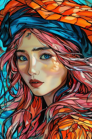 Close-up portrait of a beautiful 19-year-old Korean supermodel woman with beautiful blue eyes and long wavy pink hair wearing a pirate turban in the style of Vincent Van Gogh, bright colors and dark orange , deep aqua and bold buff with swirling, textured brushstrokes. Artists: Vincent van Gogh, Henri de Toulouse-Lautrec, Paul Gauguin.