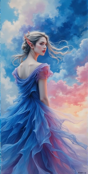 Enchanting Whispers of the Devil: A superb quality hand-painted scene of a stunningly beautiful, enchanting and spirited Elf King woman standing in a whimsical whirlwind of pastels contrasted with the soft focus of an ultra-fine deep ultramarine oil painting. Swirling brush strokes outline her ethereal face, as if infused with a gentle breeze. 128K, illustration style, masterpiece, color ink style, score_9up, score_8_up, score_7_up, score_6_up,