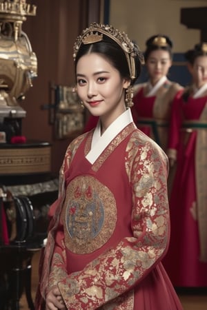 A breathtaking woman, more stunning than a Korean supermodel, in a traditional Korean hanbok adorned with intricate royal embroidery. She exudes dignified grace, followed by a group of attendants in elegant, patterned hanboks. Leading the procession, maids and concubines in traditional attire walk ahead. With a serene smile, she glances at the audience, poised to meet the Joseon king. The scene is set against a backdrop of a steampunk engine, blending historical and futuristic elements. Masterful light and shadow create a perfect, detailed work.