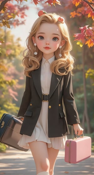 A very beautiful and charming Q-version female lawyer. She was wearing headphones and walking in the park in the maple forest. The birds were singing and the flowers were fragrant. It was so beautiful. She held a black briefcase in one hand. Holding a pink computer briefcase in one hand. Wearing a very decent black and white formal suit, the skirt reaches to the thigh, and white short boots. Beautiful long golden wavy hair, long silver earrings, and a pumpkin-shaped hairband. Background: park, light and shadow, animation Q version art. A work of beauty.