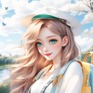 Close-up in anime style, a beautiful girl with big, lively eyes with long eyelashes, has beautiful long golden wavy hair with shiny texture, wearing a hat and carrying a backpack. . The girl is smiling directly at the audience. She is completely dressed in work clothes, but she is wearing the posture of a big star. All the lines of her body, including the objects on her body, are shining, just like LED lights, full of streamlined beauty. . She became the most visible target before the crowd. Blue sky and white clouds, green trees, quiet river, butterflies, dragonflies, birds and frogs seem to be playing a symphony. It reflects the beautiful wonders of summer night and is extremely beautiful. What a masterpiece. Light and shadow. The anime style details are extremely detailed and beautiful. whole body. Vadimka new style.,more detail XL,aesthetic portrait