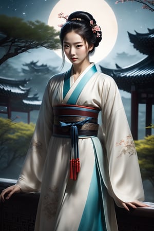 A woman with three-dimensional facial features that are more beautiful than modern Korean female supermodels. She has beautiful big black eyes and bright, long and dense eyelashes. She wears a Han Dynasty lily bun, exquisite and gorgeous hair accessories, and her whole body is very charming, but Because as a killer, her eyes have a very strong killing intent. In order to hide her identity, she sometimes wears various Hanfus worn by ancient Chinese women. Sui Feng's long, shiny black hair and clothes can be seen casually. The wind is blowing, the ultimate masterpiece. Her body proportions are also very good, which was very rare in ancient times. The ratio of head to body is 1:8. Every time she looks at the audience, the audience will be deeply attracted by her. She is very beautiful, but will also be fascinated by her. Her eyes were astonishing, her whole body was extremely detailed, she was both beautiful and possessed of unique skills. There will always be an exquisite and rare long sword on the belt around her waist (it is refined in ancient times and can break the sword and iron). She is very beautiful when she wears the beautiful ancient gorgeous and exquisite Hanfu.
Background: The vast starry sky, a bright moon, exquisite ancient buildings, ancient trees, and ancient gardens. There are many fireflies in the garden, which makes the garden more beautiful. light and shadow. Exquisitely detailed oil painting designs complement modern film effects and lighting.
