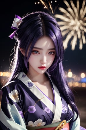 {{Masterpiece}}} A Korean supermodel girl wearing a beautiful traditional kimono, with purple-blue silky hair, long and dense eyelashes, and sharp eyes. Lots of fireworks, detailed textures, high quality, high resolution, high precision, realism, color correction, appropriate lighting settings, harmonious composition. Realism, depth of field, and pictures are outstanding works.