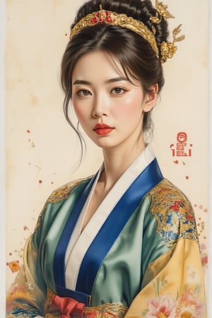 A beautiful European beauty, tall, sexy, and well-proportioned, wears ancient Korean-style clothes and has a hairstyle popular in the ancient Korean dynasty. She exudes a sense of fashionable aristocracy and customs, casual and elegant. The artwork is meticulously and realistically depicted in watercolor and gouache, displaying lifelike quality and masterpiece status. 128K resolution captures colorful light wavelengths, mesmerizing reflections, and the delicate gouache sketch in the center. Ancient art styles highlight beauty and sophistication.