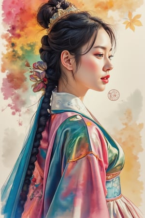 A beautiful European beauty, tall, sexy, and well-proportioned, wears ancient Han Dynasty-style clothes and has a popular hairstyle in the ancient Han Dynasty. She exudes a sense of fashionable aristocracy and customs, casual and elegant. The artwork is meticulously and realistically depicted in watercolor and gouache, displaying lifelike quality and masterpiece status. 128K resolution captures colorful light wavelengths, mesmerizing reflections, and the delicate gouache sketch in the center. Ancient art styles highlight beauty and sophistication.