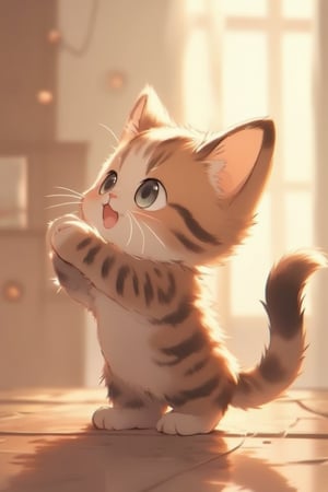 A very cute calico cat, with big watery eyes, affectionately asks the cat owner (cat slave) for canned food, saying Meow~~meow~~~ It looks directly at the camera, creating a loving atmosphere. Gentle light fills its surroundings, highlighting its light and lovely presence. The action of standing and praying is depicted in cute and cute calico cat animation style.