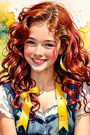 (Author Conrad Rosset), (1949s, 16-year-old girl, cute smile, long curly hair, red hair, yellow ribbon, wink), mixed color watercolor, drawing, (deliberately beautiful),