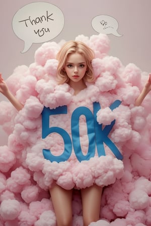 A beautiful woman is comically squished beneath a large pink cotton ball with 50K written in blue. Her arms and legs stretch out from under the weight, with dialogue bubbles saying thank you.