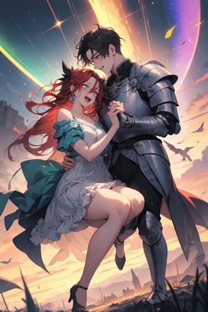 (Masterpiece, best quality, high resolution: 1.1), super-res image, male, female, couple, fantasy, official art, illustration, dynamic angle, knight, rainbow, manga, painting, mutual gaze, full body. The female has large green eyes with long, thick eyelashes. The male has large blue eyes with long and dense eyelashes. This is a story about a couple who are in love and are so sweet that they love each other to the point of being filled with anger. Every scene is full of joy and laughter.