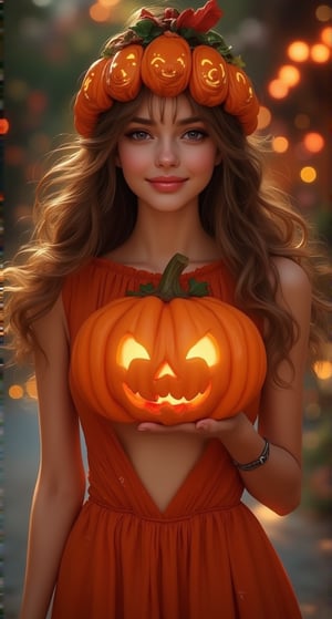 Western customs: October 31st is Halloween every year. On this day, the Holy Spirit will come down and some evil spirits will escape. Today, a beautiful and charming European woman is going to attend a friend's party. She also follows the custom of wearing charming and sexy clothes. This popular pumpkin costume looks particularly beautiful and charming. A beautiful and charming woman, she has beautiful long curly hair and bright and beautiful eyes with long eyelashes. "The woman wears various styles of pumpkin costumes in colorful colors and various Halloween masks." "Super beautiful and charming". Pumpkin lanterns emit light of various colors. "The colorful pumpkin lanterns make the woman's face more beautiful and charming", she smiles and feels happy. Anime style, various colors The combination of water, oil, pastel ink and exquisite hand-drawn sketches is like a real photo, light and shadow, this is a good photo.,Glass