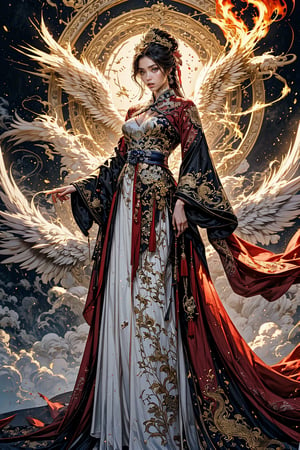 Full body shot of a character standing in majestic pose, hyper realistic representation of a fantasy chinese empress with the most sumptuous wedding hanfu dress made of black and (red:1.8) silk and richly embroidered with gold and silver threads, (wide sleeves:1.2), intricately carved golden badges and tassels, golden line, dark gothic cathedral background, fire and flame and clouds of smoke. Art by Yoshitaka Amano, Zhong Fenghua, stunning interpretive visual, gothic regal, colorful, realistic eyes, dreamy magical atmosphere, (film grain), (warm hue, warm tone), cinematic light, side lightings,zhongfenghua,horror (theme),dragon_aodai_nam,Angel,,<lora:659111690174031528:1.0>