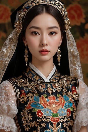 Elegant and stunningly beautiful Uyghur girls, mostly Chinese and Russian mixed-race, with three-dimensional facial features. They wear David Uygur headdresses, Uyghur makeup, and charming black velvet bases with intricate gold embroidery and pearl embellishments. Exquisite lace trim, Byzantine makeup, pale skin, dark lips, and rainbow-colored embroidered dresses with ruffled puff sleeves. The charming background features Russian folk art patterns. Studio lighting, high-definition fashion photography style, inspired by FluxGothicRealnime, adrr-zllj, lyh, goth girls, and ohwx style.