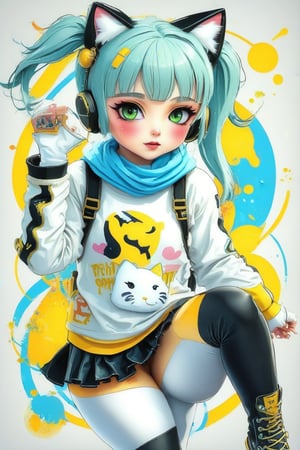 Taiwanese vtuber, 1girl, beautiful anime character, beautiful green eyes, air bangs, lollipop punk fashion, cute cartoon ello kitty shaped hoodie, cat earmuffs, pastel color clothes based on yellow and black , soft mood fashion, anime print shirt, gothic style tights, long combat boots, score_8, score_7_up, dal-7 style, blue mood, mood, modern art style, vspop, 2.5D three-dimensional style, illustration, ek_an1_b00ster