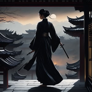 A stunning ancient Han Dynasty woman, dressed in elegant Hanfu, serves as a secret guard for a prince. Her skills include assassination, poisoning, gathering information, and destroying evidence, akin to a modern defense security officer. Under a midnight sky filled with stars and dense clouds, she receives a mission and leaps onto the rooftops of civilian homes, using ancient martial arts and light-footed techniques. She wears a simple black outfit that blends with the dark night, yet a faint light reveals her silhouette. A sword is belted at her waist. She glides across the rooftops, lightly touching the eaves as she advances. The scene is depicted in ink art, with detailed shading and depth to capture the interplay of light and shadow.