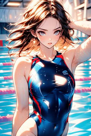 masterpiece, dynamic swimming pose, best quality, ultra-detailed, perfect anatomy, High detailed, detailed background, beautiful face, a girl, athletic build, extremely pretty face, ultra-detailed face, oval face, determined expression, short hair, wet hair slicked back, brunette hair, ultra-detailed eyes, tareme, brown eyes, simple eyelid, beautiful eyebrow, (eyelashes:0.4), parted_lips, focused gaze, (((olympic swimming pool))), lane lines visible, starting blocks in background, intense action shot, mid-stroke pose, arms extended forward, competitive swimsuit, sleek one-piece swimsuit, goggles on face, bright indoor lighting, water droplets on skin, dynamic angle, three quarter view, perfect anatomy, 5_fingers, beautiful_female_fingers, streamlined hand position, motion blur, action lines, water splashes, tanned skin, muscular shoulders and arms, score_9, score_8_up, score_7_up,