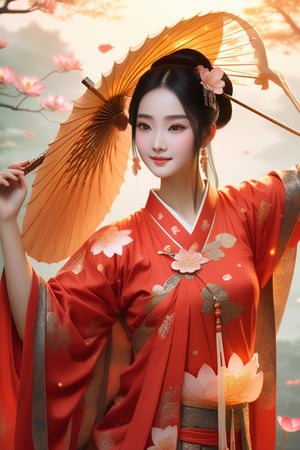 Close-up of a stunningly beautiful girl, Chinese Han Dynasty girl, with big eyes and long eyelashes that make her eyes more lively and beautiful, wearing Han Dynasty clothes and hairstyle, with stunning black hair and long She has thick eyelashes and holds a delicate bouquet of lotus flowers on her fingers. When she looked directly at the audience, she smiled. Her whole body exuded an otherworldly light, and every contour and object on her body seemed to be illuminated by light and sparkle. She couldn't help but dance a dance taught by her grandma at home in ancient times. It was very elegant and soft. After dancing, she took the paper umbrella and prepared to go back. In the quiet atmosphere of the summer night, the trees were tall and the river flowed quietly. Nocturnal creatures serenade them with their gentle chirps and croaks, and our protagonist acts like a lovely beacon. In Vadimka's new style, every detail has been carefully crafted to create a realistic style that exudes elegance and wonder. (Masterpiece 1.2, 8K) Depth of field.,source_furry,score_5_up,score_6_up,score_7_up,score_8_up,score_9,han fu