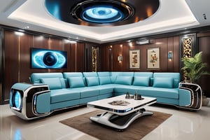 From the perspective of the 24th century, because the owner is a famaily, the titanium wire frame with light blue series frame as the main axis, the comfortable living room, enhances the sense of technology, the high-tech furniture of the 24th century, and high-tech home appliances Supplies, such as: high-tech metal robots doing cleaning, projector-type TVs, and sofas with leather cushions, but high-tech sofas and other furniture are the focus of this design. (Super futuristic) Create an immersive 32K UHD (Ultra High Definition) 3D masterpiece. The scene is rich in detail and texture, transporting the viewer into a modern temple.
