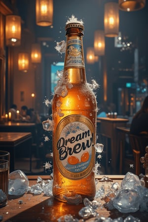 A Rococo-style masterpiece that combines all possible fantasy elements to create a miraculous scene. Set in a dark bar with a modern 21st-century design scheme, the Oktoberfest beer labeled Dream Brew 2024 exudes an inviting atmosphere. The chilled beer bottle, with ice vapor and crystal water droplets on its surface, makes people eager to drink this delicious beer. The super practical, colorful handmade water pastel sketch transports viewers to a fantasy world, capturing the essence of Rococo art and the allure of a modern, enchanting setting.