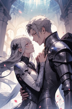 (masterpiece, best quality, highres:1.1), ultra resolution image, male, female, couple, fantasy, official_art, illust, dynamic angle, knight, niji, manga, sketch, stare each other, 