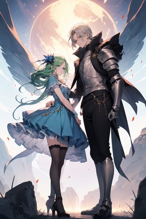 (Masterpiece, best quality, high resolution: 1.1), super-res image, male, female, couple, fantasy, official art, illustration, dynamic angle, knight, niji, manga, drawing, mutual gaze, full body. The female’s eyes are big with green eyelashes and long and dense. The male’s are big blue eyes with long and dense eyelashes. This is a love story about a couple who are very much in love, but also sad.