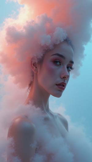 Portrait of a woman covered with smoke clouds, tornado, pastel highlighted colors, pastel makeup, pastel hints, hazy, seductive, sensual, stunning, oil painting style, art, aesthetic modern art, surrealism. (Best quality, 8k, Masterpiece, Photorealistic, UHD: 1.2), Natural medium breasts, wide hips, slim padding, tall body, soft textures, highly detailed, beautiful long padding, lots of lighting, ray tracing , photon mapping, detailed eyes, detailed facial details, detailed real skin textures, detailed fabric textures, detailed backgrounds, m4rg0t