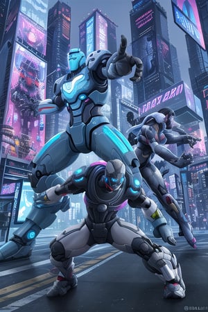 A dynamic scene of a robot warrior in mid-combat stance, clashing with an unseen opponent on the bustling streets of a futuristic city. The background features towering skyscrapers with neon lights and holographic billboards, casting a vibrant glow on the metallic surface of the robot. The robot is equipped with advanced weaponry, its eyes glowing with a fierce blue light. The lighting is dramatic, with sharp contrasts between the bright city lights and the shadows of the towering buildings. The composition focuses on the robot's intense expression and the motion of its limbs, capturing the energy of the fight.