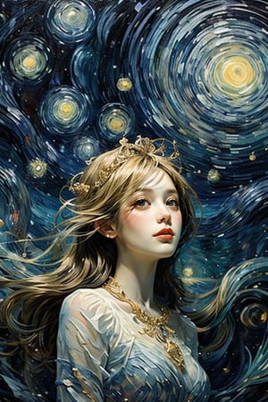 The portrait of a beautiful girl with golden silky long hair and dreamy contact lenses is centered and the composition is in perfect proportions. It combines Van Gogh's blue "Starry Night" color, Dali's Surrealism, and Mucha's Art Nouveau style to present A harmonious dream where reality and fantasy are blurred. The wedding is full of fantasy flowers, complexity and mystery. light and shadow.
