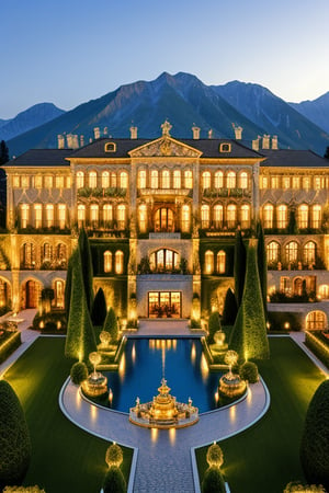 A grandiose villa reminiscent of Germany's Hohenzollern Castle, featuring a moat, surrounded by majestic mountains, serene waters, and an expansive garden. The entrance is secured with a control room that requires ID verification or facial recognition for access. The castle is both beautiful and imposing, with a vast garage housing hundreds of luxury cars, reflecting an opulent lifestyle. The architectural style incorporates elements of Renaissance art, adorned with exquisite oil paintings and realistic designs. The scene captures the grandeur and elegance of the castle, with dynamic lighting enhancing the visual impact. Rendered in the highest quality, this masterpiece embodies a blend of historical grandeur and modern luxury.