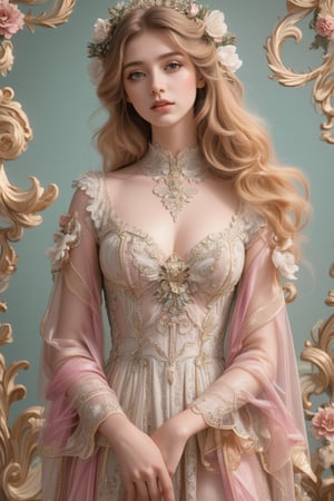 A most beautiful lady in rococo art style, adorned with intricate lace, flowing silk gowns, and delicate floral patterns. Her elegant posture and soft, flowing hair create a sense of grace and refinement. The background features ornate, swirling patterns and soft pastel colors, enhancing the overall opulence and charm of the scene.