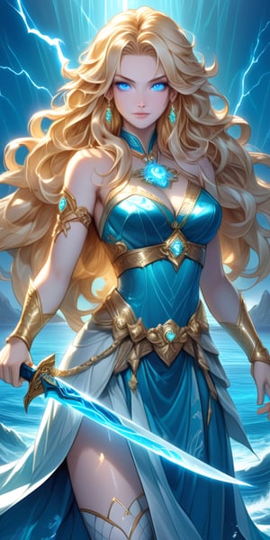 Styled by Yuumei, a beautiful pretty girl with sharp bright blue eyes and long eyelashes. She is dressed like: Daofeng Baby (Legend of the Ocean), a character from the Legend Duel mobile game. Holding a long lightning-shaped knife (the long knife is like the Greek god Zeus's weapon lightning), her beautiful long wavy golden hair is naturally scattered. She dances well with the knife. She is a natural winner on the battlefield. It is beautiful and has good knife skills. All the details are very detailed and the knife is shiny. It is made in an anime style with some colorful mixed colors and a masterpiece of marine color series.,enhance,art,wallpaper,fantasy,concept,magic