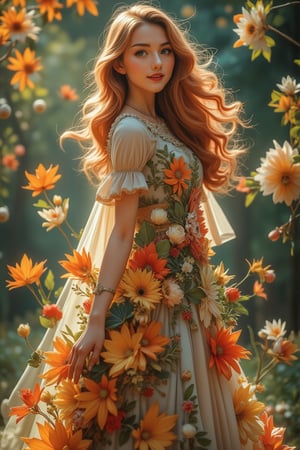 A beautiful and charming 19-year-old woman in Europe, with silky long wavy hair that changes color to match her clothes. She wears a floral dress made of autumn maple leaves, winter cherry blossoms, and spring four-leaf clovers, with new flowers appearing according to her moods. The floral outfits are all made of flowers, leaves, and grass, with no fabric. Beautiful macro photography showcases super detailed and intricate details, perfectly interpreted in Rococo art. The girl smiles happily, displaying her full body as she dances wonderfully, with shoes made of flowers and plants. Her mother, an elf, causes beautiful rainbow lights and fantasy backgrounds to appear around her whenever she smiles.