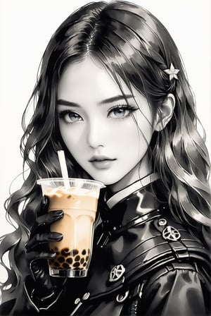 Score_9, score_8_up, score_7_up, stellar_blade_tachy, a 19-year-old Korean idol who is ethereal and breathtakingly beautiful. Her perfect model figure exudes irresistible sexual attraction. She is drinking black and white bubble milk tea on the street, holding a piece of wisdom in her hand. A mobile phone with a charming and beautiful face, blue eyes and deep facial features. She has long, wavy golden hair that is as silky as silk, and wears an orange and black combat uniform with gloves. Girl's head to height ratio: 1;8, officially released hyper-realistic high-fidelity half-length portrait, the highest quality, emphasizing the ultimate beauty and aesthetic standards, monochrome, grayscale gradient effect. whole body.
