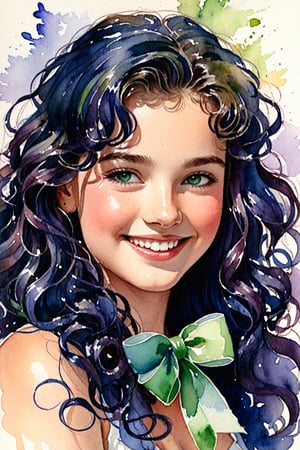 (Author Conrad Rosset), (1949s, 17-year-old girl, cute smile, green eyes, long curly hair, indigo hair, white ribbon, wink), mixed color watercolor, drawing, (deliberately beautiful),