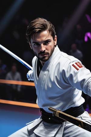 mj, RTX, 8k, HDR, best quality, cinematic story, (masterpiece), Andrey Atroshenko, Tanya Shatseva, Ross Tran, Anna Razumovskaya, art, realistic art, digital illustration, portrait, kendo competition, .Fencing is used for competitions The part of the venue is called "Piste". The three types of swords included in fencing (blunt swords, sharp swords and sabers) are all used in the same style and specifications during competitions. ·
Digital art and light and shadow art are also integrated into it. Vivid narrative realism, art by Carne Griffiths and Wadim Kashin