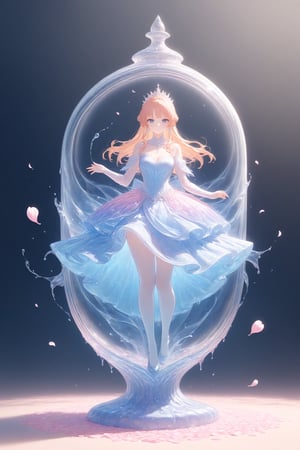 {Elegant crystal clear crystal glass is a handsome prince with graceful curves, filled with marble patterns of light orange and white and blue and pink liquid (transparent), forming the shape of a beautiful princess. Princesses and textures. Smooth object contours and undulating dynamic motion. Pastel petals float around the vase. }