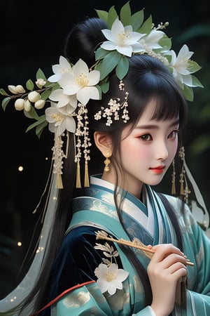 Close-up of a stunningly beautiful girl, Chinese Han Dynasty girl, with big eyes and long eyelashes that make her eyes more lively and beautiful, wearing Han Dynasty clothes and hairstyle, with stunning black hair and long Thick eyelashes, holding a delicate bouquet of jasmine flowers on her fingers. When she looked directly at the audience, she smiled. Her whole body exuded an otherworldly light, and every contour and object on her body seemed to be illuminated by light and sparkle. She couldn't help but dance a dance on the spot, which was very elegant and soft. After the dance, she took the paper umbrella and prepared to go back. In the quiet atmosphere of the summer night, the trees were tall, the rivers flowed quietly, and the nocturnal creatures sang and sang with their gentle calls. As croaks serenade them, our protagonist acts like a beacon of loveliness. In Vadimka's new style, every detail has been carefully crafted to create a realistic style that exudes elegance and wonder. (Masterpiece 2.0, 8K) Depth of field.,source_furry,score_5_up,score_6_up,score_7_up,score_8_up,score_9,han fu