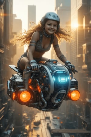 A beautiful young girl with perfect Western facial features, big blue eyes, long eyelashes, and long curly blond hair, wearing silver tights and a bank helmet, sits on a heavy motorcycle with thrusters. The motorcycle, adorned with neon decorations, flies in the sky. She rides the motorcycle aircraft, looks at the camera, and smiles happily. The scene is set in a futuristic cityscape under the sun, with thrusters visible. The artwork is a Rococo-style masterpiece, showcasing future technology and sci-fi elements.