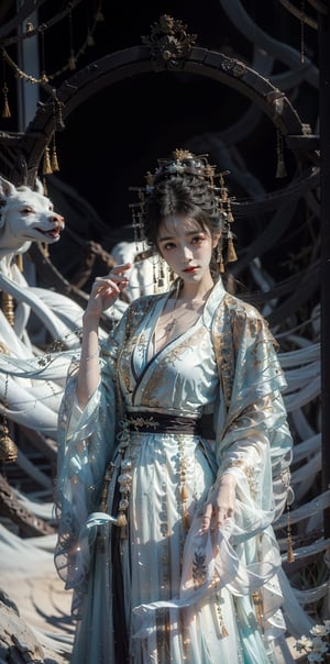 Under the ancient tree of the Han Dynasty, stood a beautiful woman with long black hair wearing Han costumes and a lily bun. Holding a pipa, a musical instrument from the Han Dynasty, she looked up at the crescent moon in the night sky with a smile, creating a mysterious atmosphere. The scene features contrasting lighting that highlights her stunning features and the peaceful expression on her face as she contemplates joy. The composition allows her to pose in cute and funny poses of joy, anger, sadness, and joy. The moon, ancient trees, ancient houses, ancient wells, ancient gardens, and ancient swings become the dramatic background. light and shadow. Ink design.