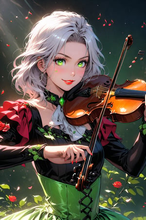 1girl, solo, beautiful violin. A beautiful and charming 19-year-old girl with long, shiny silver hair. Beautiful facial features, big and beautiful green pupils, long and dense eyelashes, which make the eyes appear bigger and brighter, and slightly raised red lips, seeming to be smiling. The girl is a world champion violinist (Fritz Kreisler), whose skill on the violin is unique. Playing: the beautiful Rose Marlene. When the girl uses the violin, the notes of the music sound realistically in the real world. Jumping. Each note dances like a human being, and the whole atmosphere is very joyful.