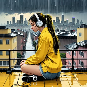 A melancholy young woman with a long ponytail sits alone on a roof soaked by heavy rain, immersed in the soothing melody coming from her headphones. Yellow and black tones dominate the scene, evoking a Lofi atmosphere. In the distance, the cityscape is filled with urban life, which contrasts sharply with her peaceful reverie. The sound of raindrops hitting the pavement creates a peaceful accompaniment as she gently sways to the beat.