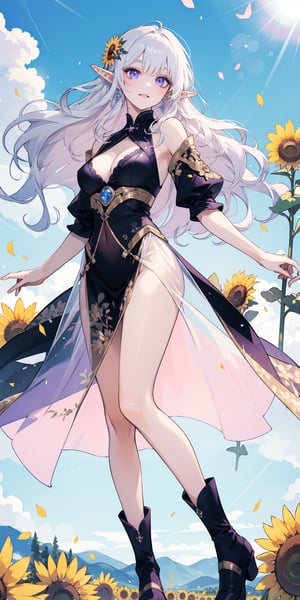 (Masterpiece, best quality, high resolution: 1.3), super-resolution image, (1girl), (solo), like a Korean supermodel, head to body ratio 1;8, as bright and detailed as black silk, like real human hair Big wavy pink shiny long hair, elf, bright purple eyes, dark purple eyelashes, long and dense, {{{enhance face close-up}}} breeze, sunflower group, sunflower field, petals, Sparkling magic, (soft sunlight: 1.3), fantasy, natural accessories, happiness in front of a group of sunflowers, doing various wonderful poses of Korean female supermodels, wearing various elven looks all over their bodies. The flower fairy's light skirt has a sense of perspective, and her feet are also wearing ancient fancy female elf shoes (see-through) to show the light and shadow.