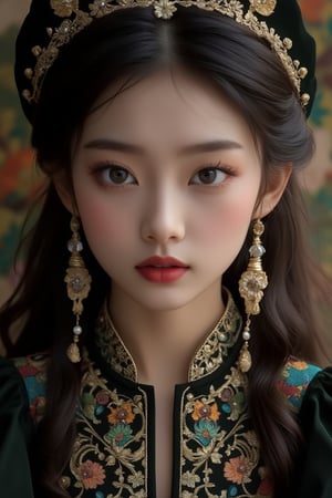 Elegant and stunningly beautiful Uyghur girls, mostly Chinese and Russian mixed-race, with three-dimensional facial features, wearing David Uygur headdress, Uyghur makeup, and a charming black velvet base with intricate gold embroidery and pearl embellishments. Exquisite lace trim, Byzantine makeup, pale skin, dark lips, colorful embroidered dress, ruffled puff sleeves. Charming background with Russian folk art patterns. Studio lighting, high-definition fashion photography style, by FluxGothicRealnime, adrr-zllj, lyh, goth girls, ohwx style.