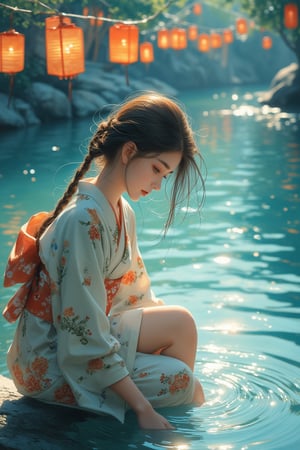 Medium shot of a young girl in a traditional kimono kneeling on the bank of a peaceful river. Her large, bright blue eyes and silky brown hair catch the soft sunlight, illuminating her pensive face as she gently releases Toro water into the flowing river. The composition is centered around her, with the river and vibrant lanterns radiating outward. Watercolor strokes in soft blue and green tones create a peaceful atmosphere. Warm lights and floating lanterns add a soft glow to the tranquil scene.