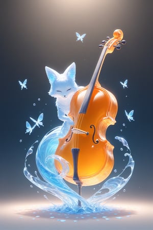 {Elegant crystal clear crystal glass cello with beautiful curves, filled with marbled light orange and white and blue liquid (transparent), forming the shape of a butterfly. Fox and texture. Smooth object contours and undulating dynamic movement. Pastel petals float around the vase. }