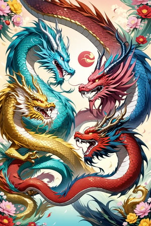 There are 5 Chinese dragons surrounded by flowers. Among these 5 dragons, one is a golden dragon, one is a bank dragon, one is a copper dragon, one is a cyan dragon, and one is a red dragon. The dragon body is like a snake. Long and curly body, beautiful image, dragon skin has scales, beautiful dragon color, dragon has horns, (elegant), traditional Chinese image aesthetics, mythical creature