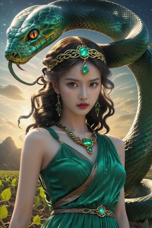 (((Greek Mythology))) A girl in ancient Han Dynasty clothing. She is the Greek goddess Medusa. She was punished and had a head full of small white snakes. Everyone who looked at her was turned to stone. There was a farmer working in the fields, plowing the fields. for the hissing sounds of the many snakes above Medusa's head were heard. Turn around and look. Suddenly, the farmer turned into a stone statue. Greek mythology.
Light and shadow. The background is a starry sky. The stars came out secretly, and the sky was dark. The little snakes on Medusa's head emit silver light, making the night brighter. Ultra-high cinematic effect, ultra-detailed quality. Because of the existence of Medusa, the whole scene is very scary. masterpiece.,DonMD34thM4g1c4tt1r3XL