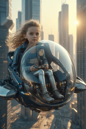 A beautiful young girl with perfect Western facial features, big blue eyes, long eyelashes, and long curly blond hair, wearing silver tights, sits in a round glass aircraft. The exterior is made of transparent tempered glass, featuring an operating instrument panel. She uses game controllers and joysticks to fly. The scene is set in a futuristic cityscape under the sun, with thrusters visible. The artwork is a realistic masterpiece, showcasing future technology and sci-fi elements.