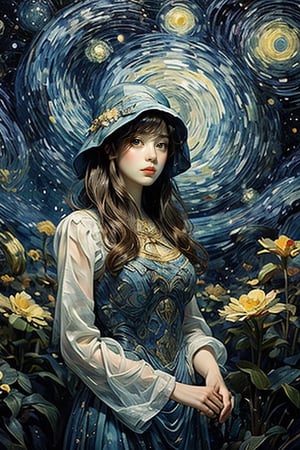 The portrait of a beautiful girl with golden silky long hair and dreamy contact lenses is centered and the composition is in perfect proportions. It combines Van Gogh's blue "Starry Night" color, Dali's Surrealism, and Mucha's Art Nouveau style to present A harmonious dream where reality and fantasy are blurred. The wedding is full of fantasy flowers, complexity and mystery. light and shadow.
