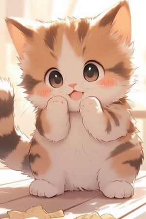 A very cute calico cat, with big watery eyes, affectionately asks the cat owner (cat slave) for canned food, saying Meow~~meow~~~ It looks directly at the camera, creating a loving atmosphere. Gentle light fills its surroundings, highlighting its light and lovely presence. The action of standing and praying is depicted in cute and cute calico cat animation style.